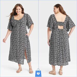 XXL - Womens Crepe Flutter Short Sleeve Midi Dress - A New Day - Black White